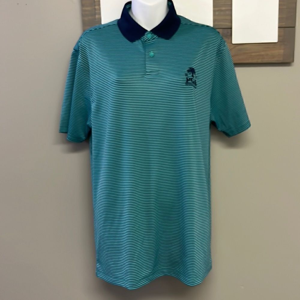 Under Armour Men’s Navy Green Striped Short Sleeve Golf Heat Gear Polo- Medium